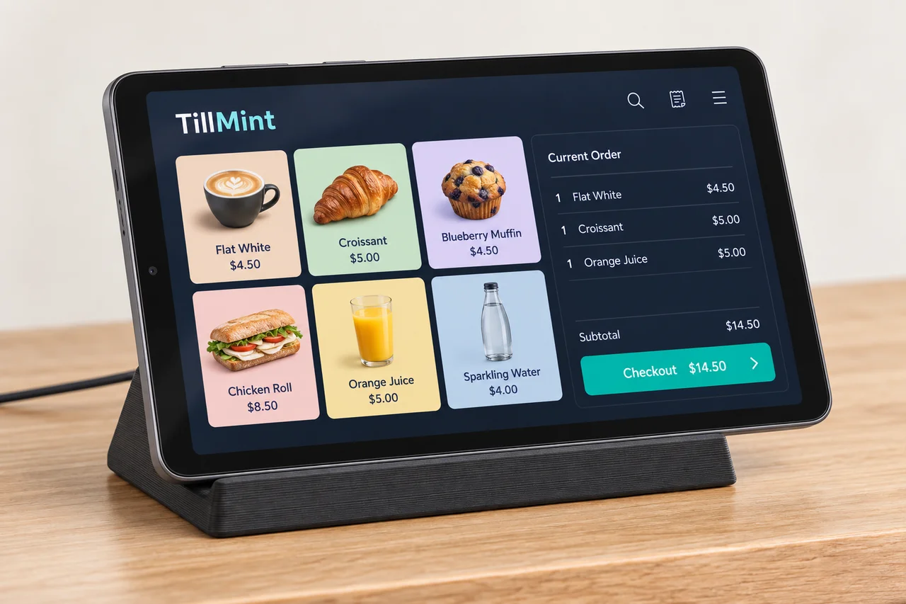 The Counter Kit: a tablet in landscape on a charcoal printed counter stand.