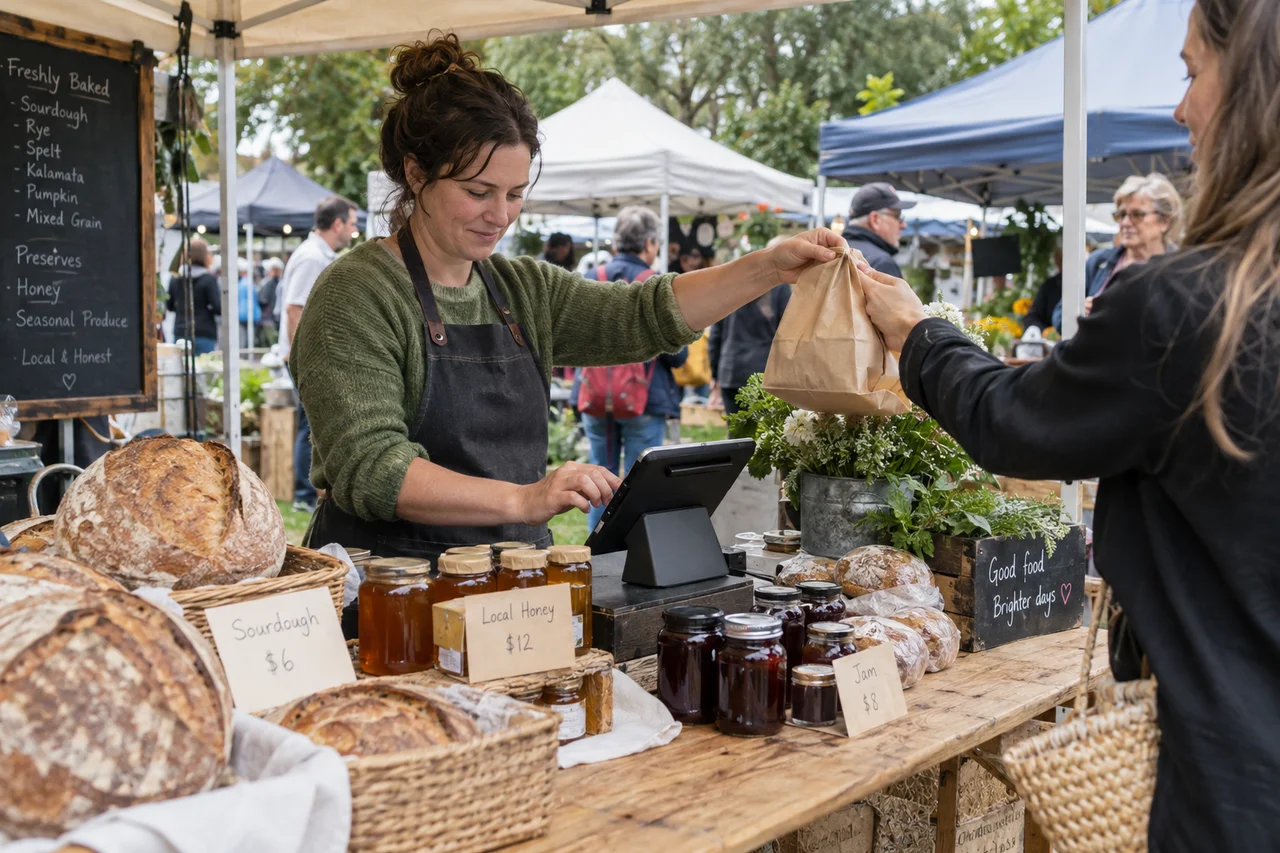 A market stall with a seller, a tablet till, fresh bread and local preserves.